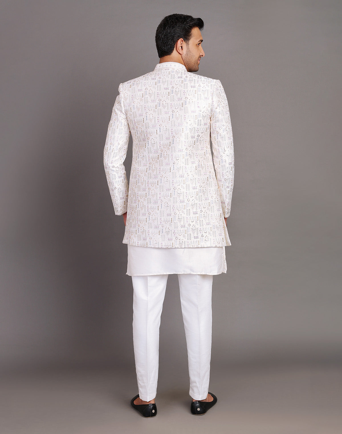 Raw Silk Thread Embroidery With Sequence Work Cream Coloured Indo Open Jacket Set