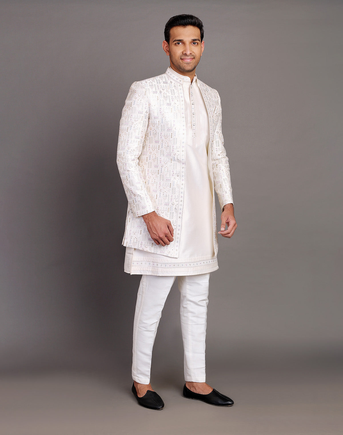 Raw Silk Thread Embroidery With Sequence Work Cream Coloured Indo Open Jacket Set