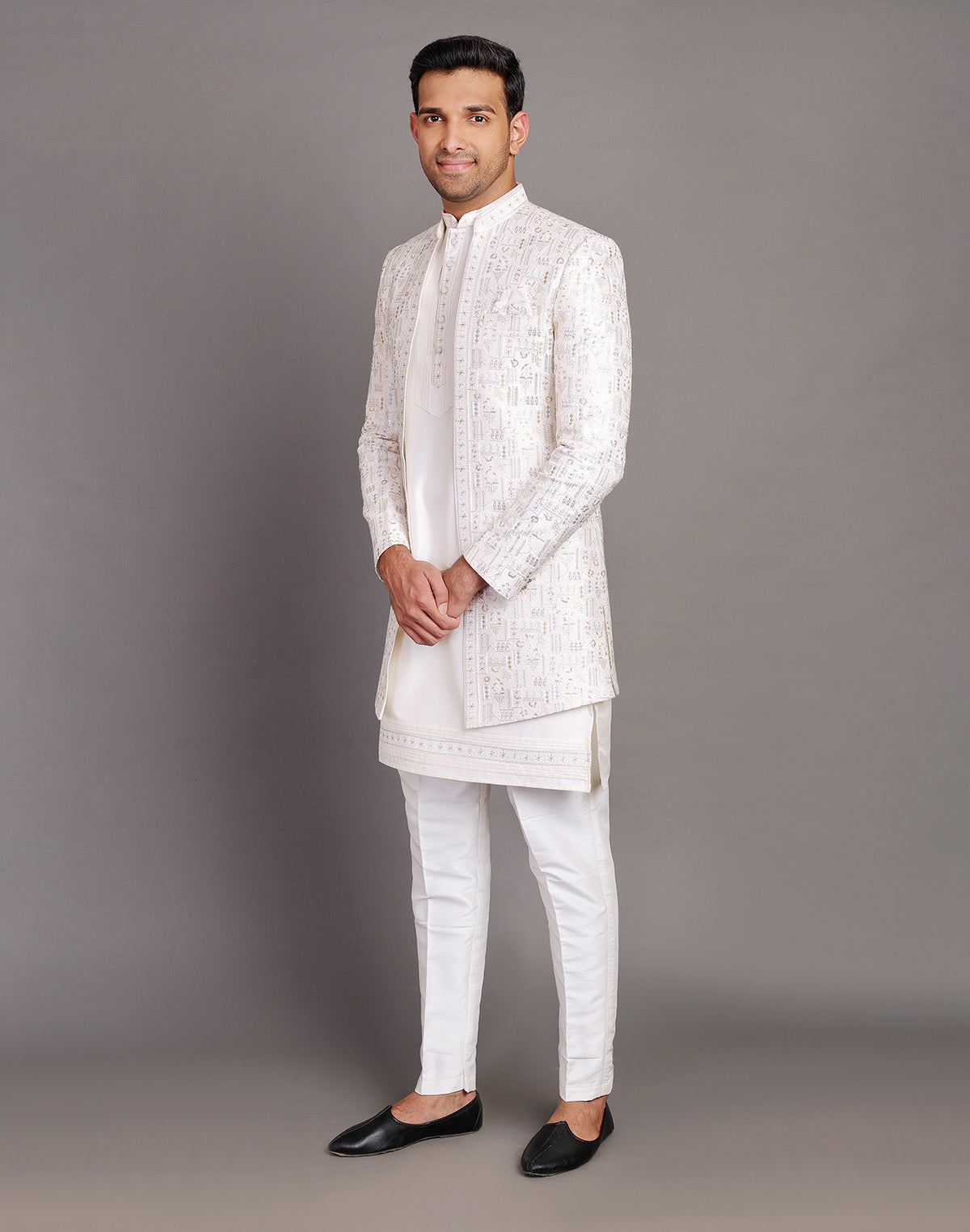 Raw Silk Thread Embroidery With Sequence Work Cream Coloured Indo Open Jacket Set
