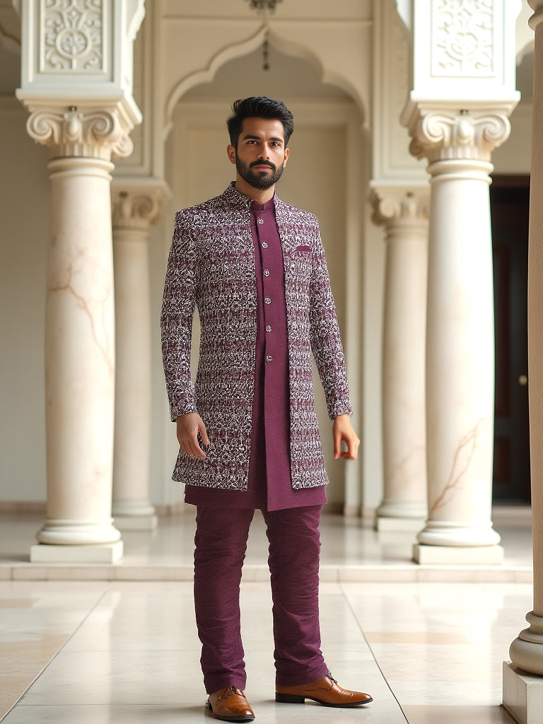 Striking Maroon Floral Design Raw Silk Embroidery Indo Open Style