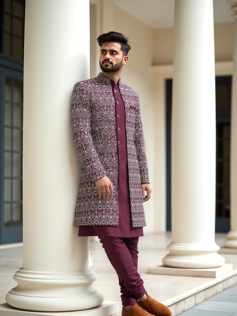 Striking Maroon Floral Design Raw Silk Embroidery Indo Open Style