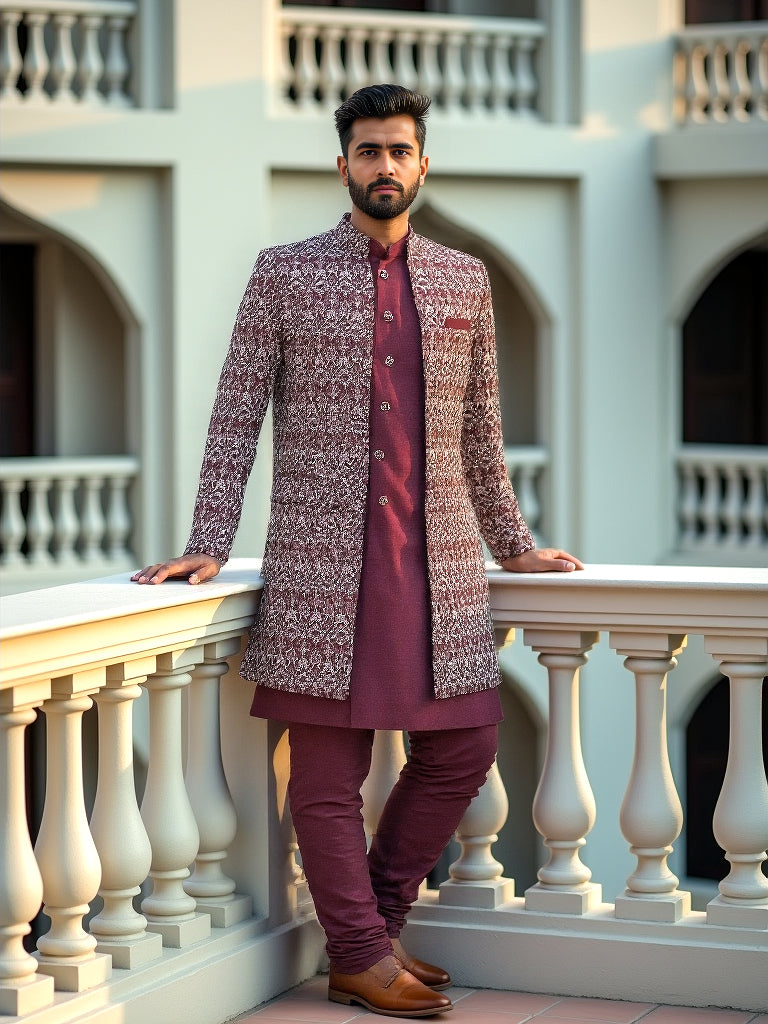 Striking Maroon Floral Design Raw Silk Embroidery Indo Open Style