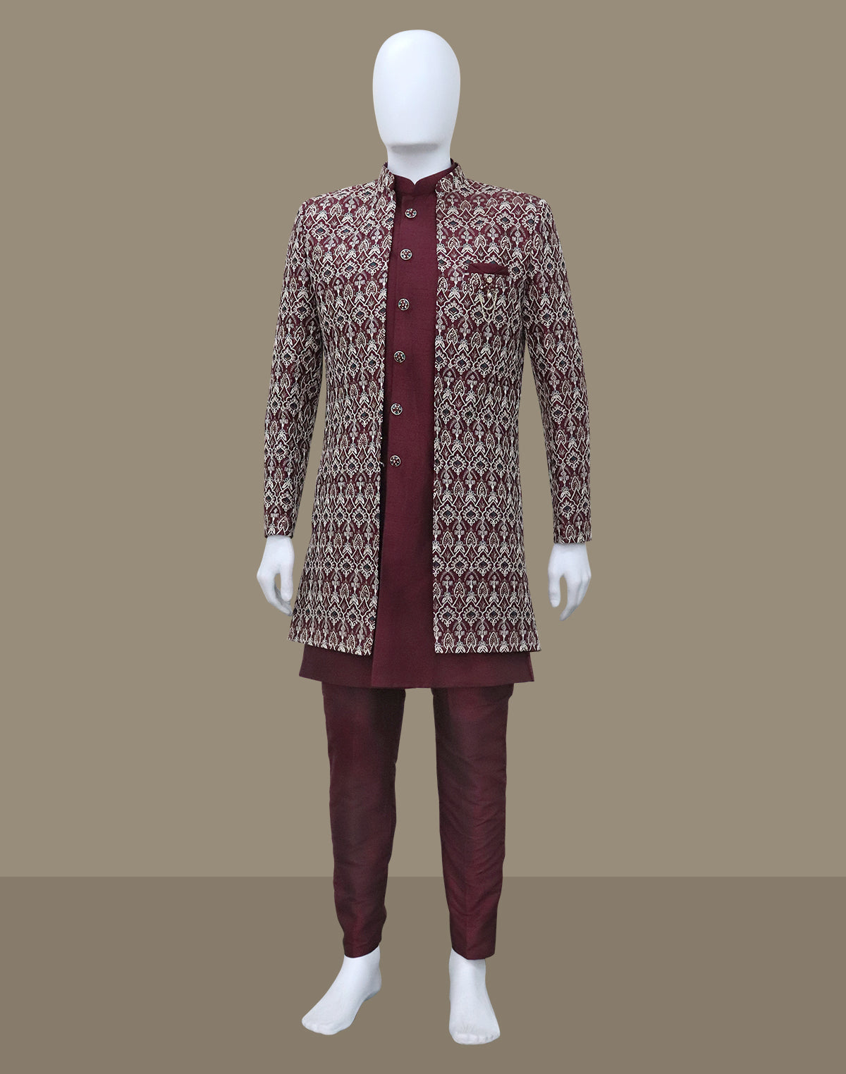 Striking Maroon Floral Design Raw Silk Embroidery Indo Open Style