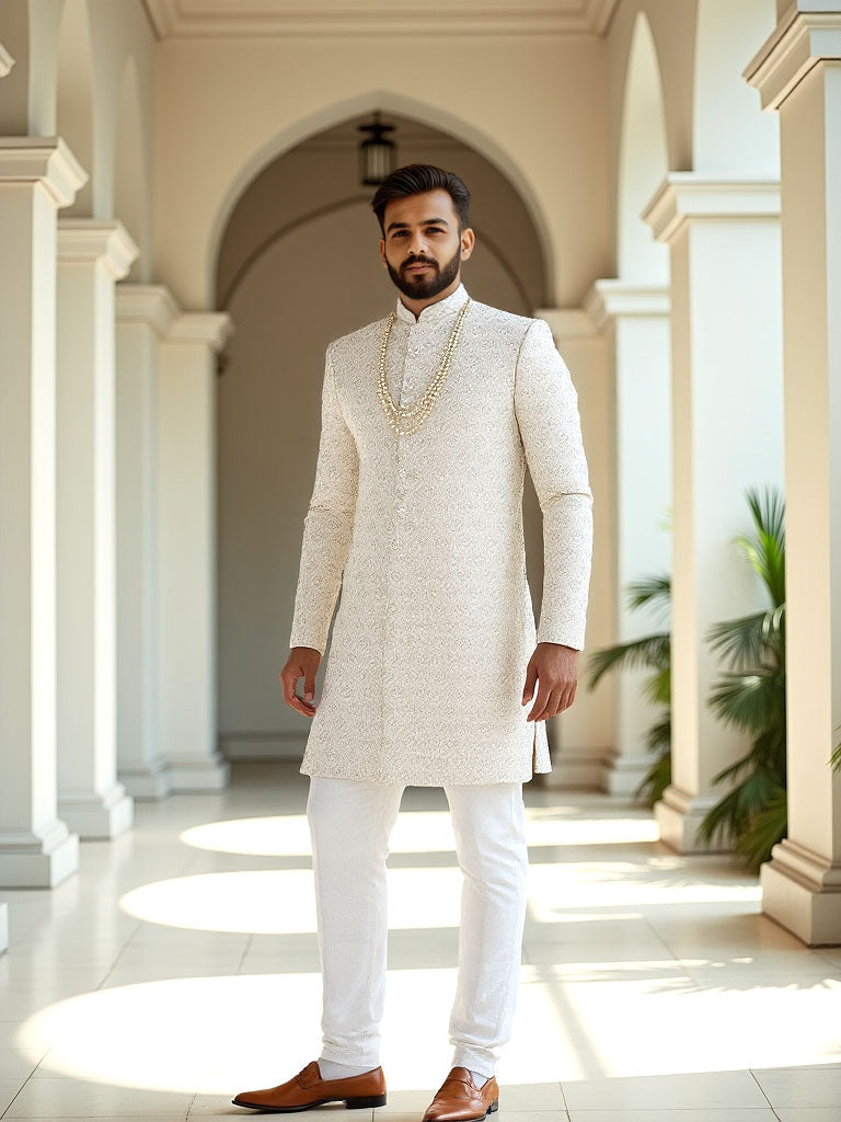 Self Design Thread with Stones Cream Colour Matka Silk Indo-Western Style