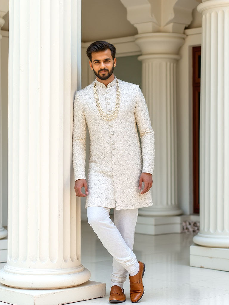 Self Design Thread with Stones Cream Colour Matka Silk Indo-Western Style