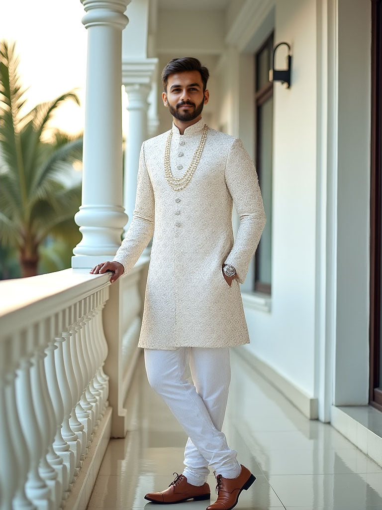 Self Design Thread with Stones Cream Colour Matka Silk Indo-Western Style