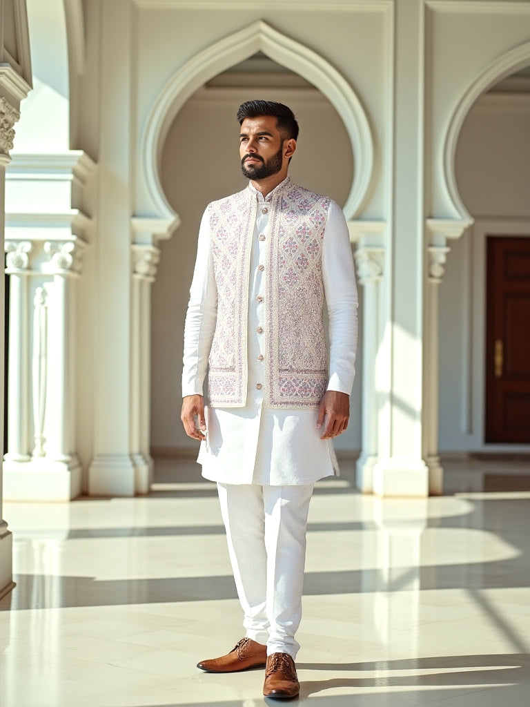 Warm White Floral Embroidery Design Georgette Indo-Open Jacket Style