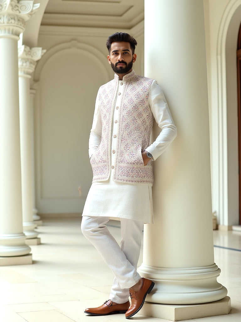 Warm White Floral Embroidery Design Georgette Indo-Open Jacket Style