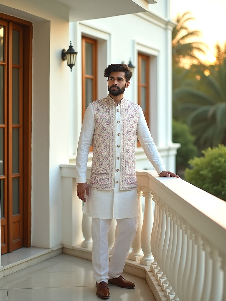 Warm White Floral Embroidery Design Georgette Indo-Open Jacket Style