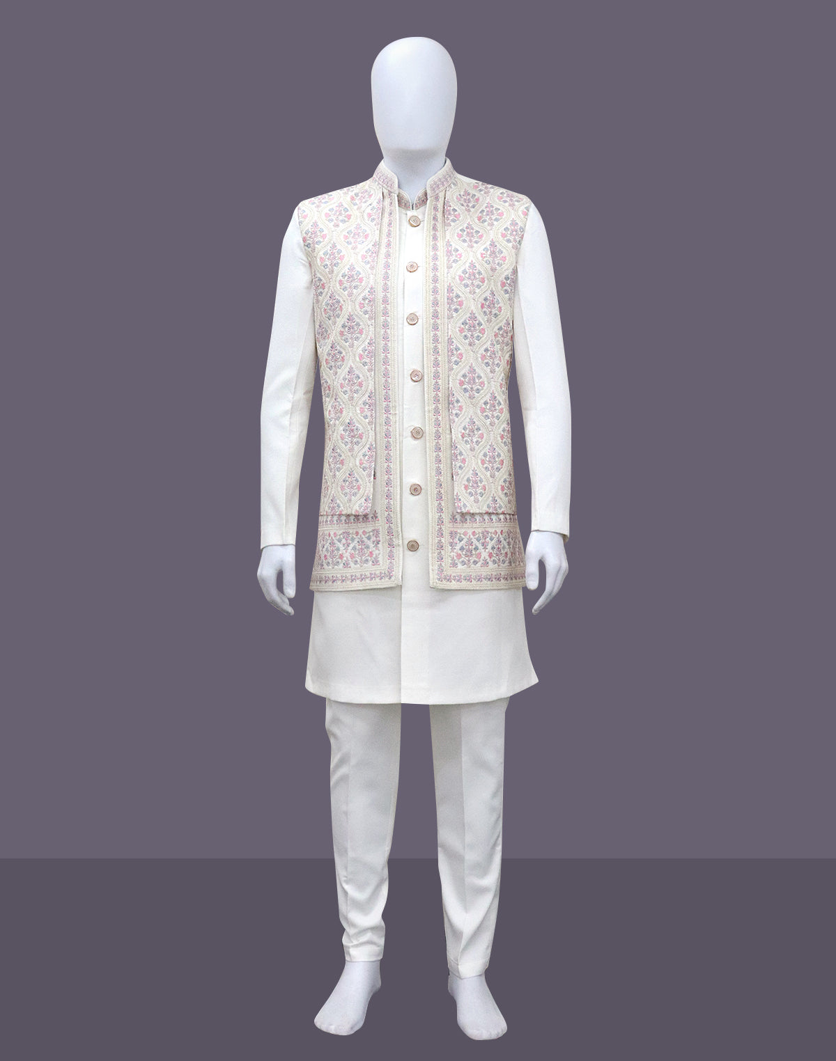 Warm White Floral Embroidery Design Georgette Indo-Open Jacket Style
