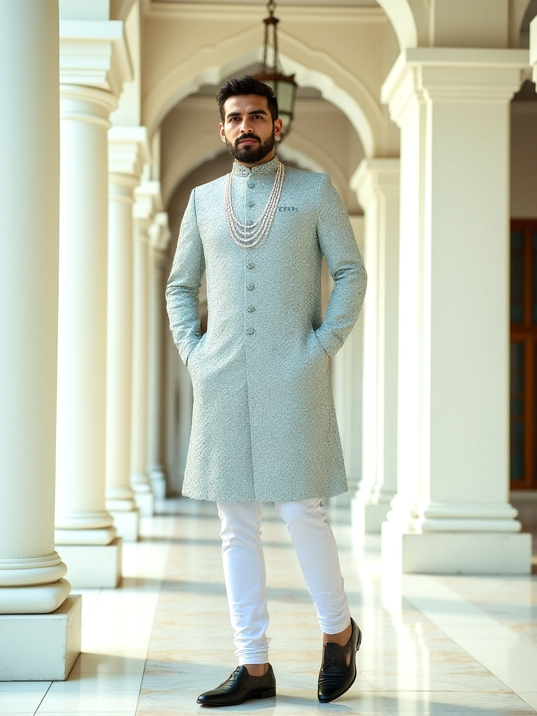 Stylish Floral Patterned Classic Pista Raw Silk Embroidery with Stones work Indo Western