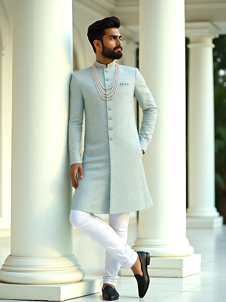 Stylish Floral Patterned Classic Pista Raw Silk Embroidery with Stones work Indo Western