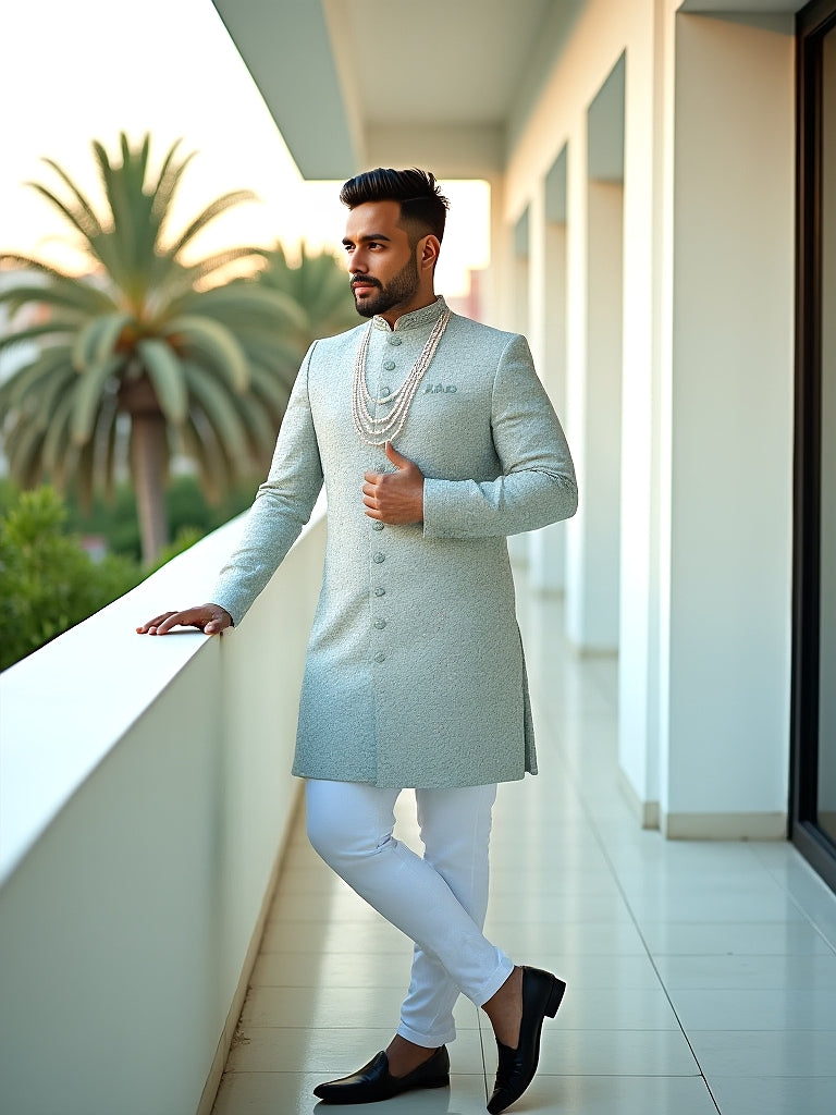 Stylish Floral Patterned Classic Pista Raw Silk Embroidery with Stones work Indo Western