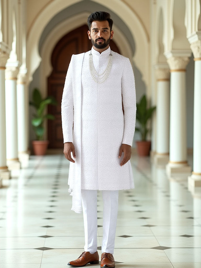 White Self Patterned Thread with Stones Georgette Indo Set Stylish Dupatta