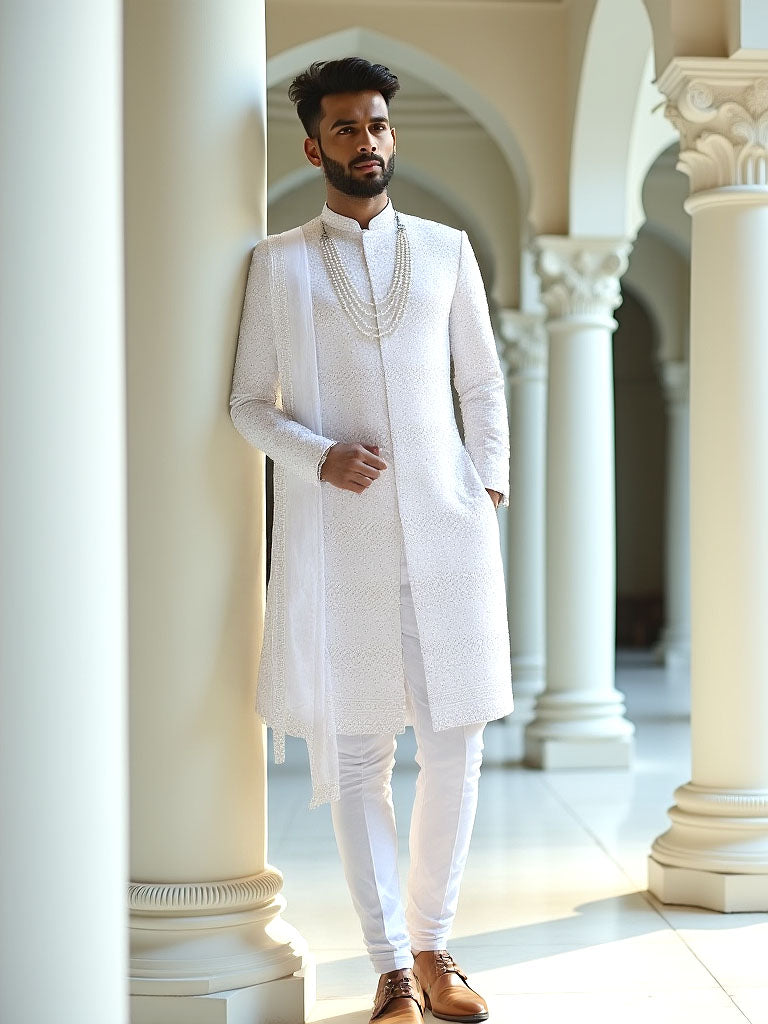 White Self Patterned Thread with Stones Georgette Indo Set Stylish Dupatta