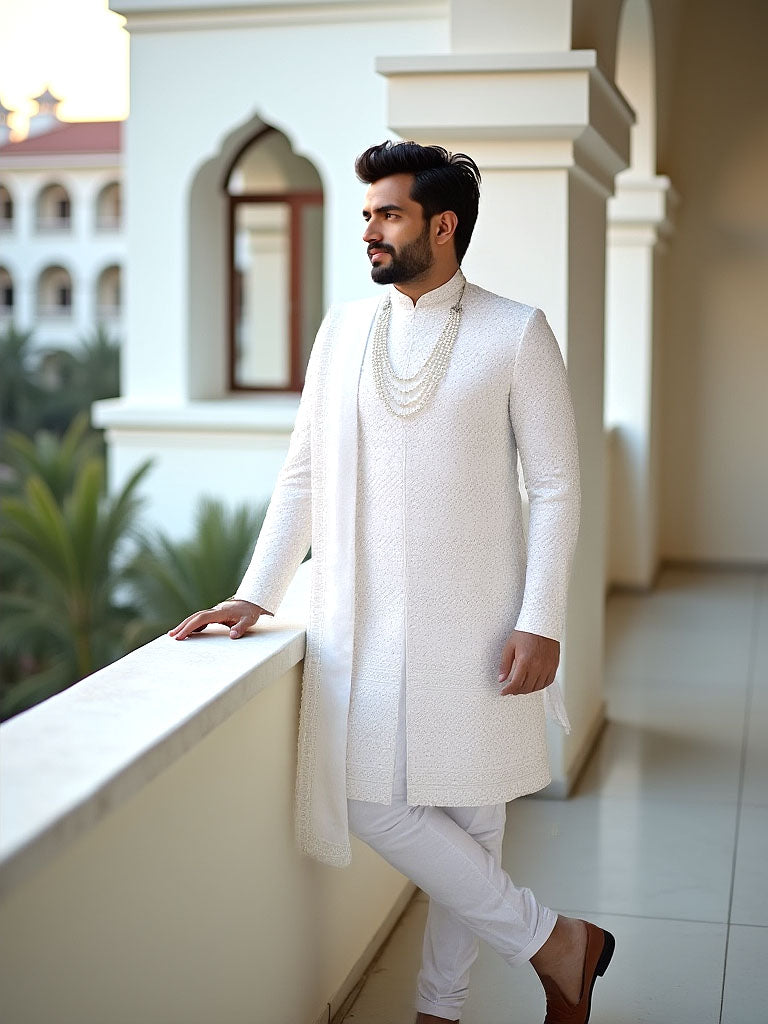 White Self Patterned Thread with Stones Georgette Indo Set Stylish Dupatta