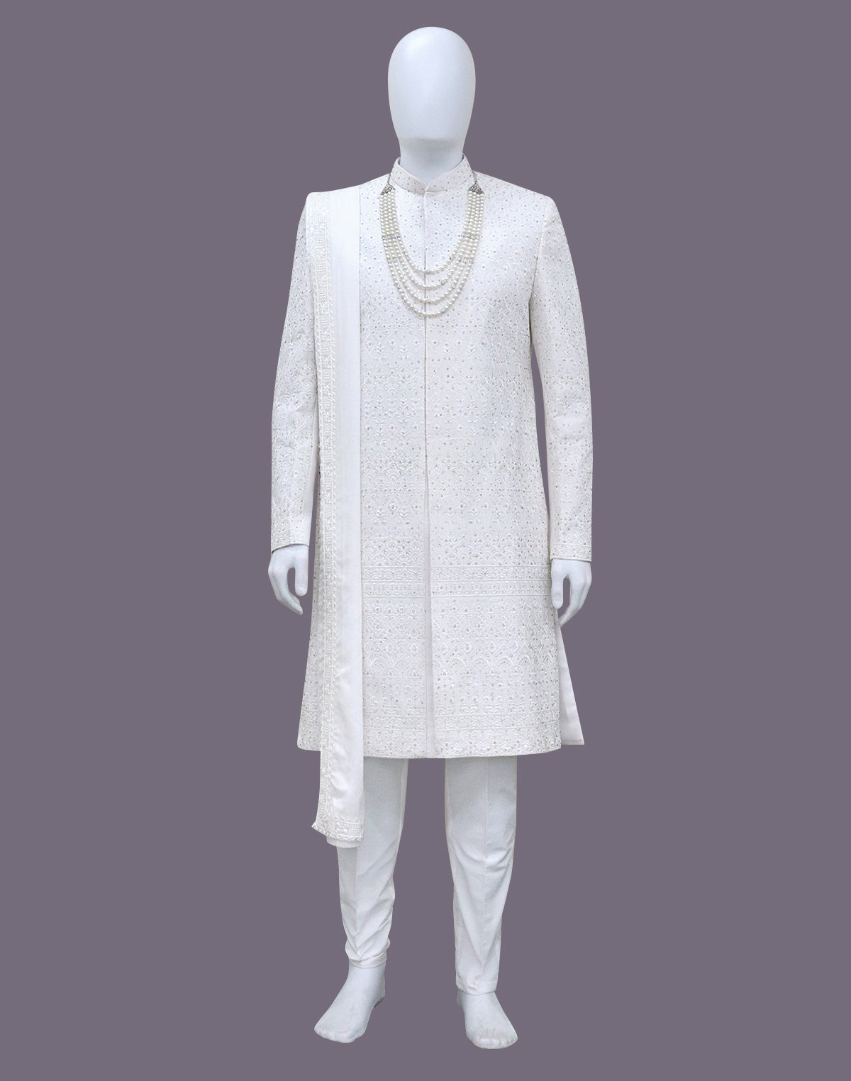 White Self Patterned Thread with Stones Georgette Indo Set Stylish Dupatta