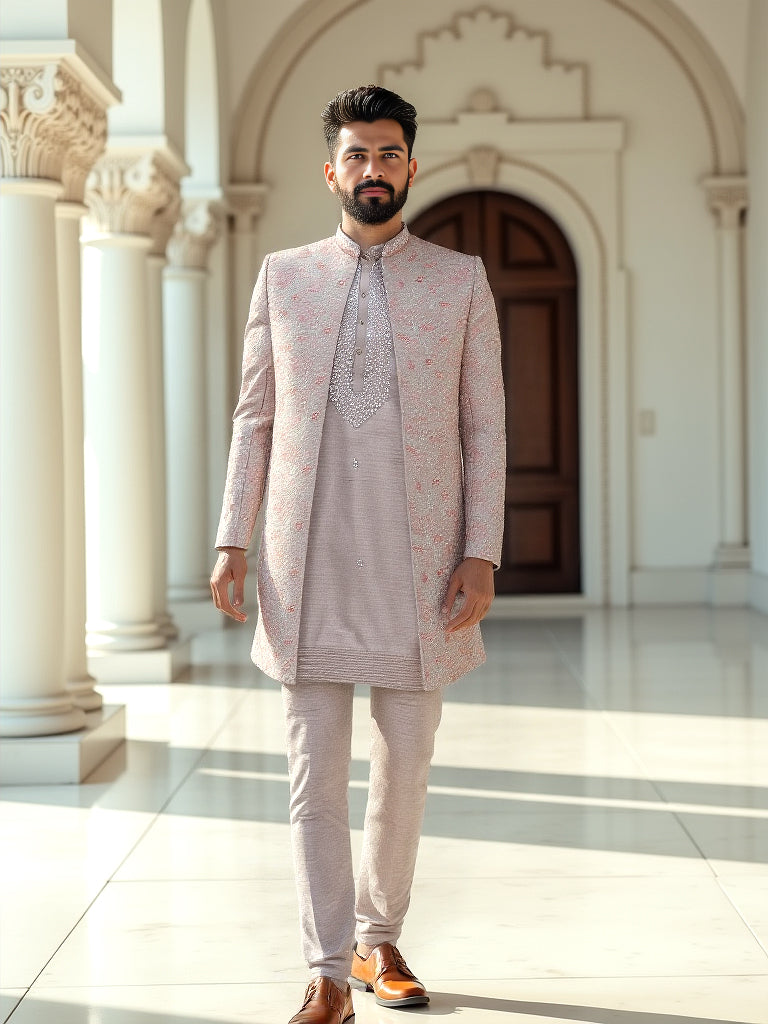 Graceful Onion Floral Motifs Embroidery with Mirror work Matka Silk Indo-Open Jacket