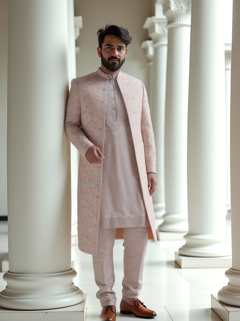 Graceful Onion Floral Motifs Embroidery with Mirror work Matka Silk Indo-Open Jacket