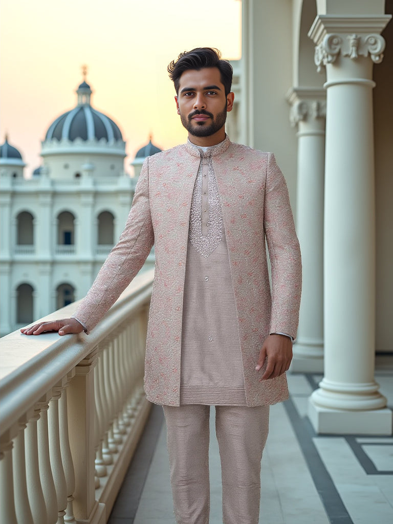 Graceful Onion Floral Motifs Embroidery with Mirror work Matka Silk Indo-Open Jacket