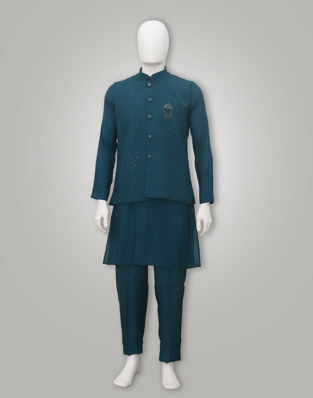 Peacock Blue Self Design Pattern Raw Silk Jacket Set