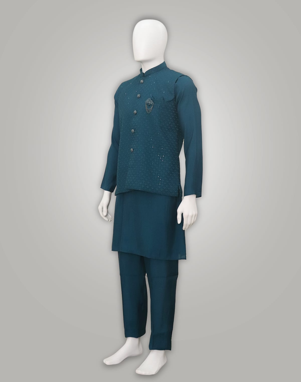 Peacock Blue Self Design Pattern Raw Silk Jacket Set