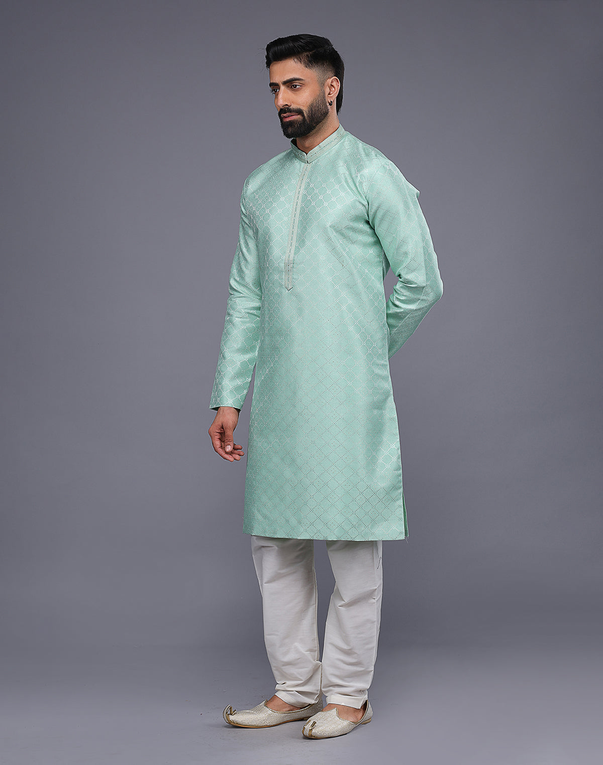 Pista Coloured Mica Print and Thread work Soft Silk Kurta Set