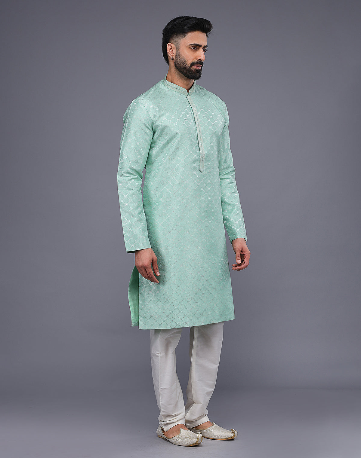Pista Coloured Mica Print and Thread work Soft Silk Kurta Set