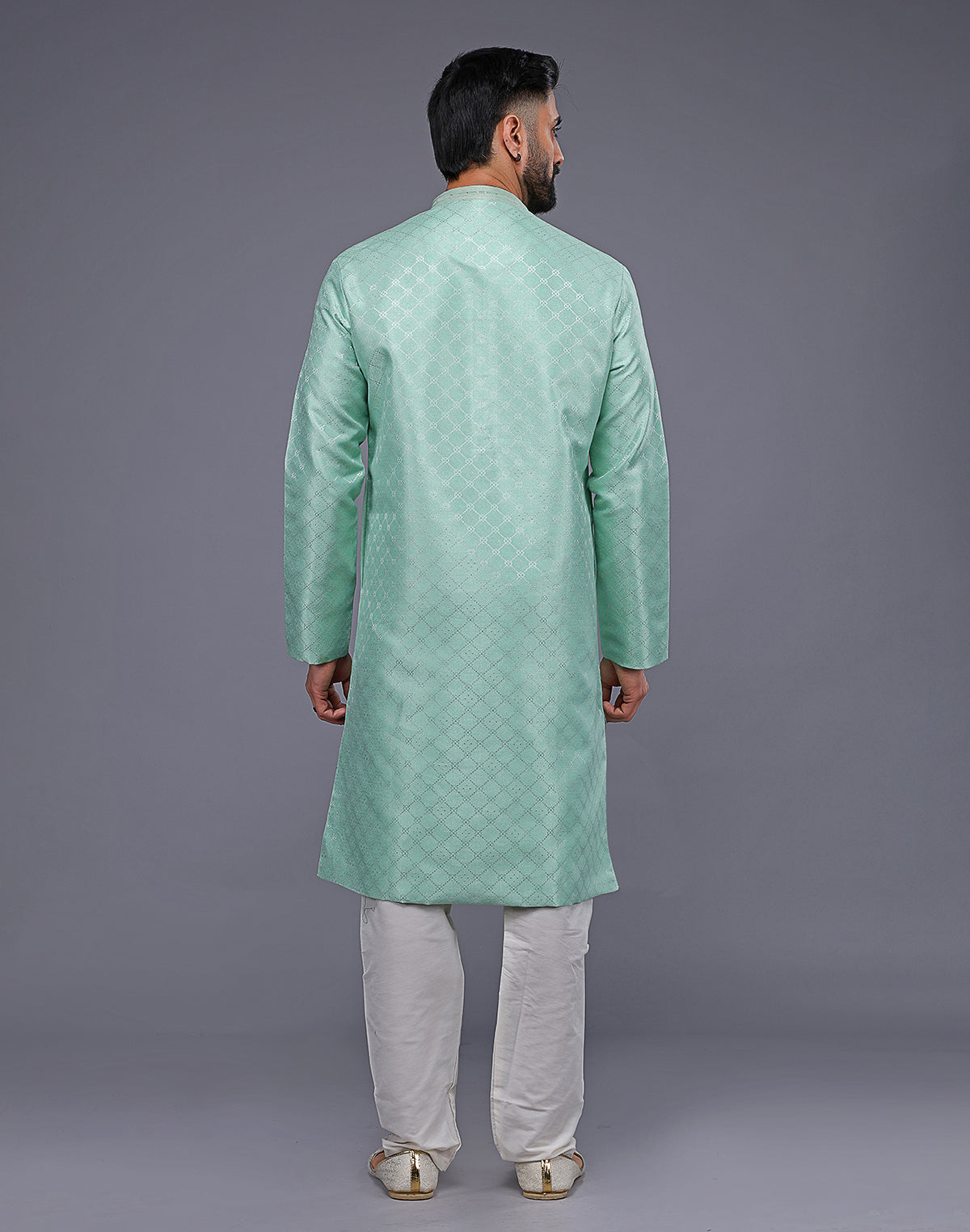Pista Coloured Mica Print and Thread work Soft Silk Kurta Set