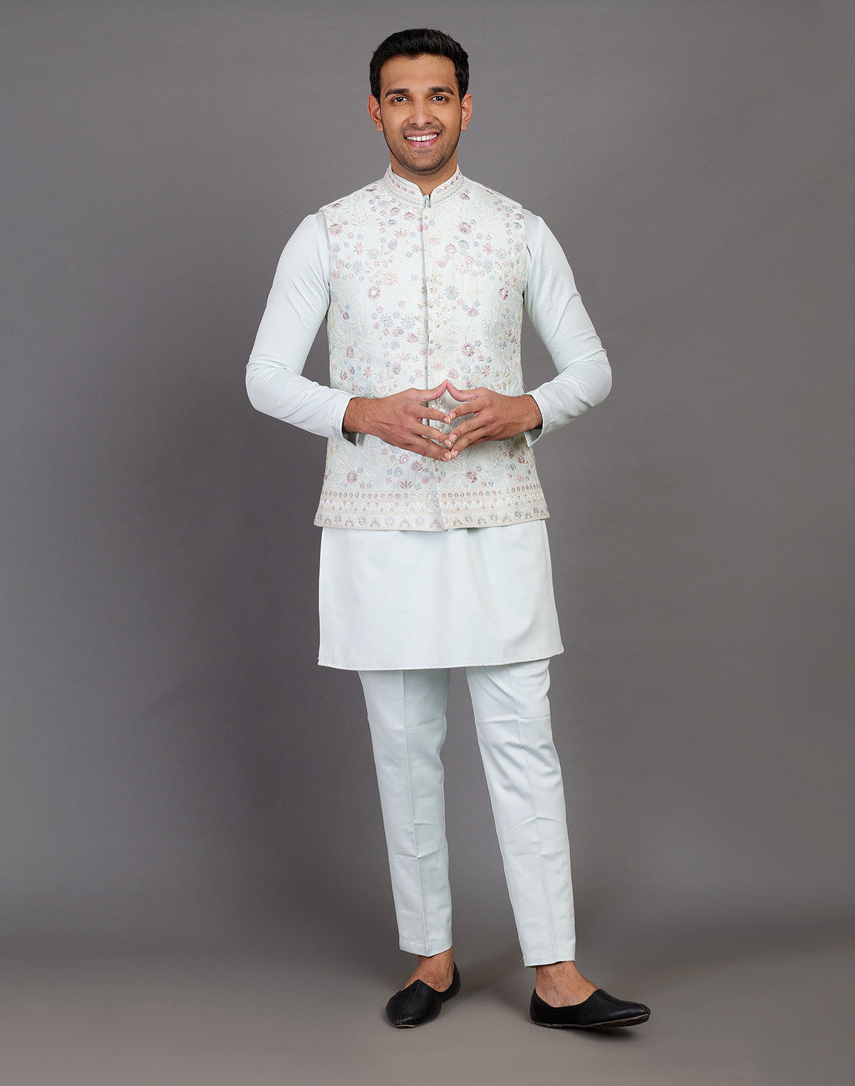 All Over Floral Embroidery Work Jacquard Sky Blue Kurta Jacket Set