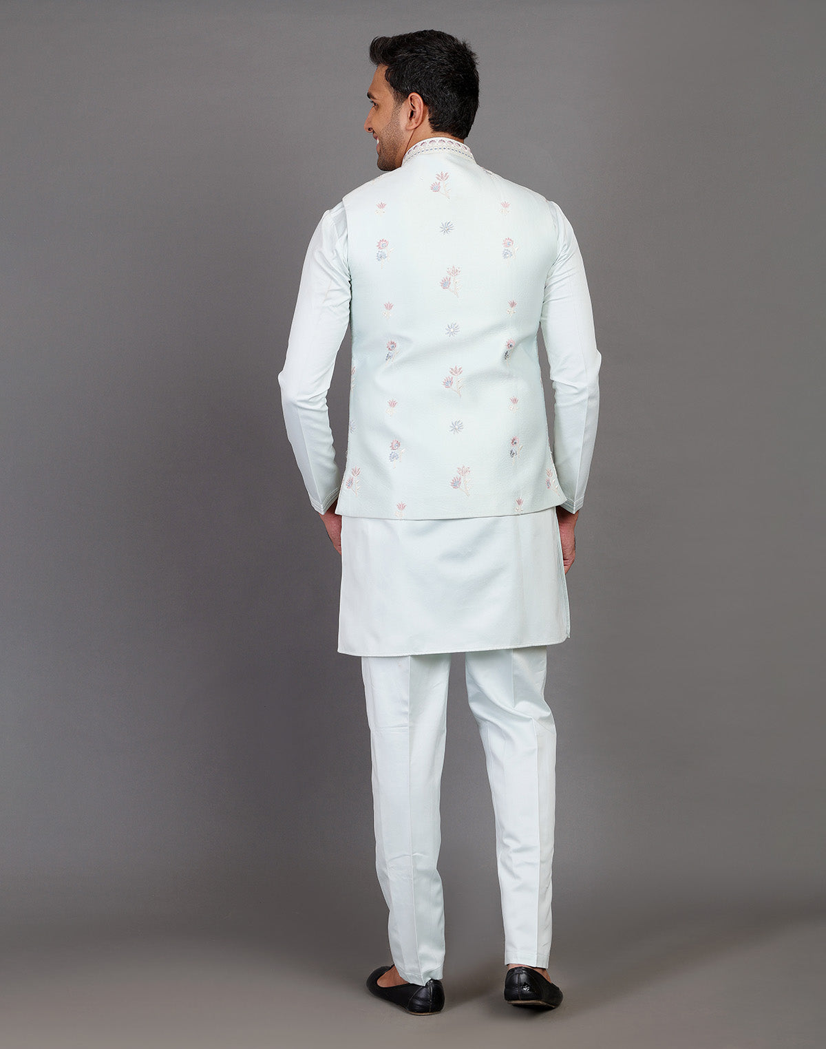 All Over Floral Embroidery Work Jacquard Sky Blue Kurta Jacket Set