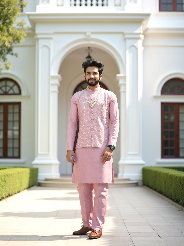 Stylish Pink Coloured Thread Embroidery Floral Milky Silk Kurta Jacket Set