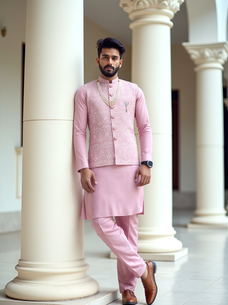 Stylish Pink Coloured Thread Embroidery Floral Milky Silk Kurta Jacket Set