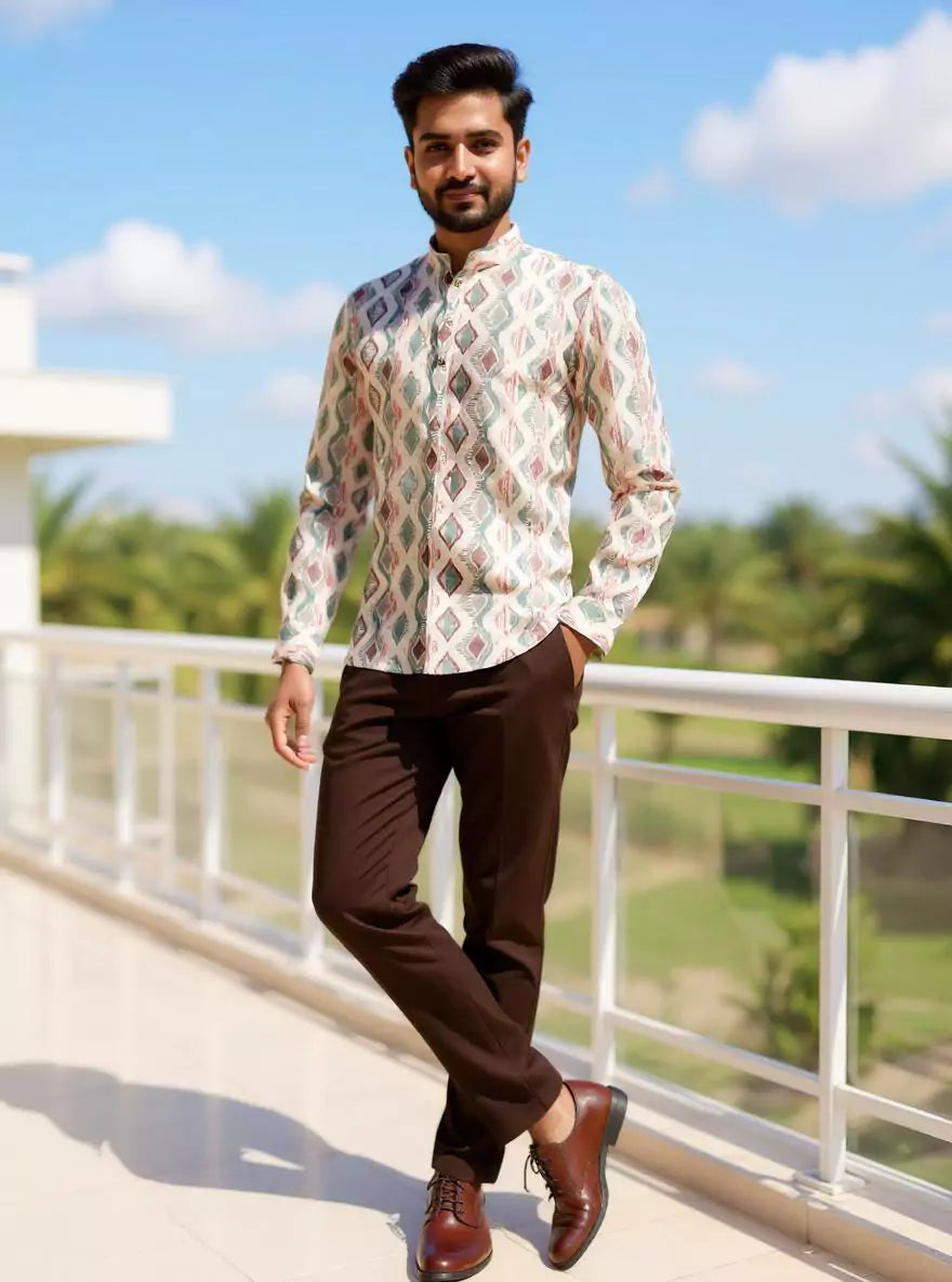 Natural Colour Ikat Printed Giza Cotton Short Kurta