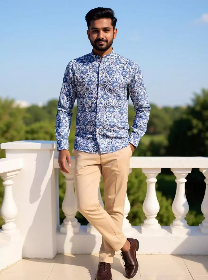 Stylish Blue Coloured Floral Print Giza Cotton Men Short Kurta