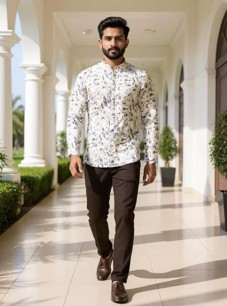 Cream Elegance Glaxo Cotton Floral Print Short Kurta