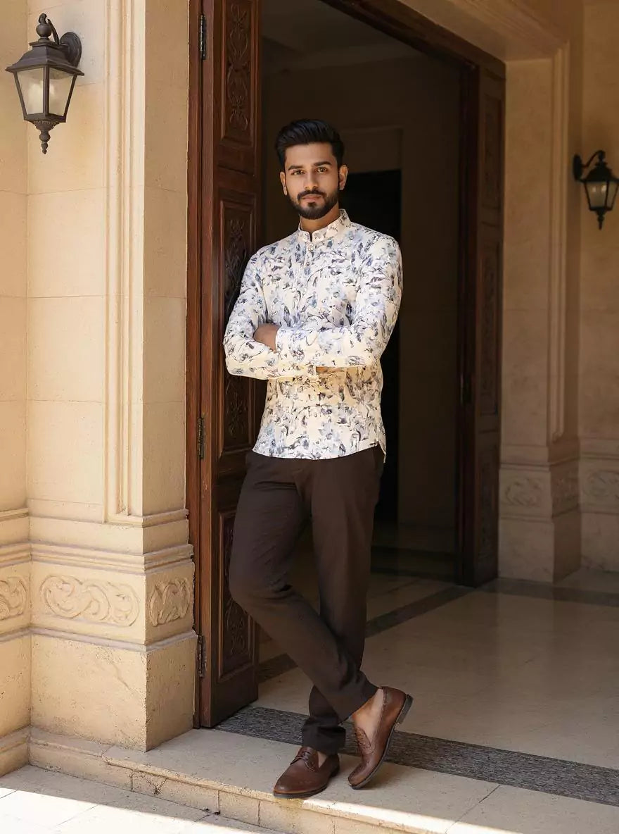 Cream Elegance Glaxo Cotton Floral Print Short Kurta