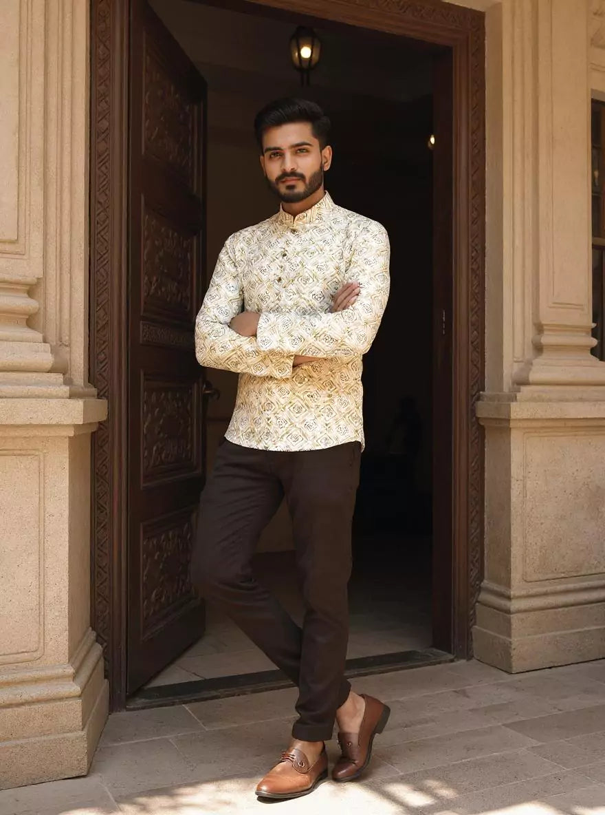 Pista Trellis Patterned Glaxo Cotton Short Kurta for Men