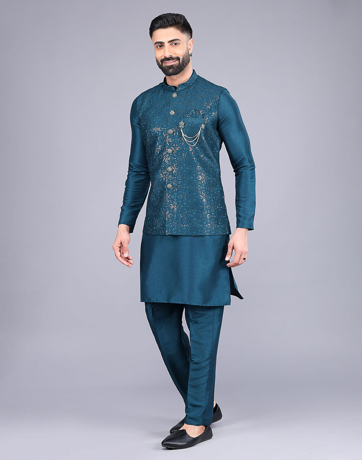 All Over Heavy Sequence work Raw Silk Rama Coloured Kurta Jacket