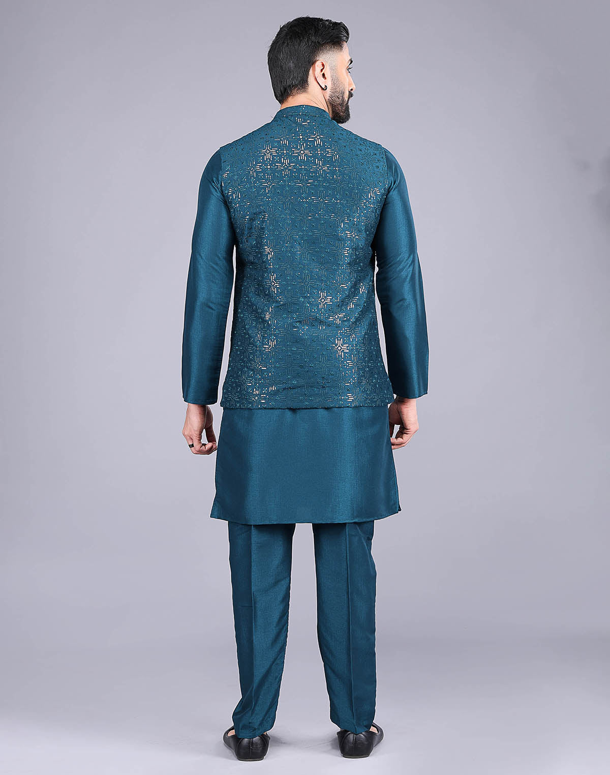 All Over Heavy Sequence work Raw Silk Rama Coloured Kurta Jacket