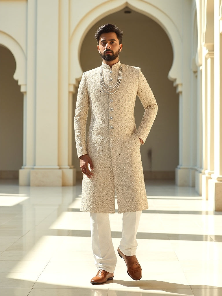 Gold All Over Rich Zardosi with Stones work Tussar Fabric Sherwani