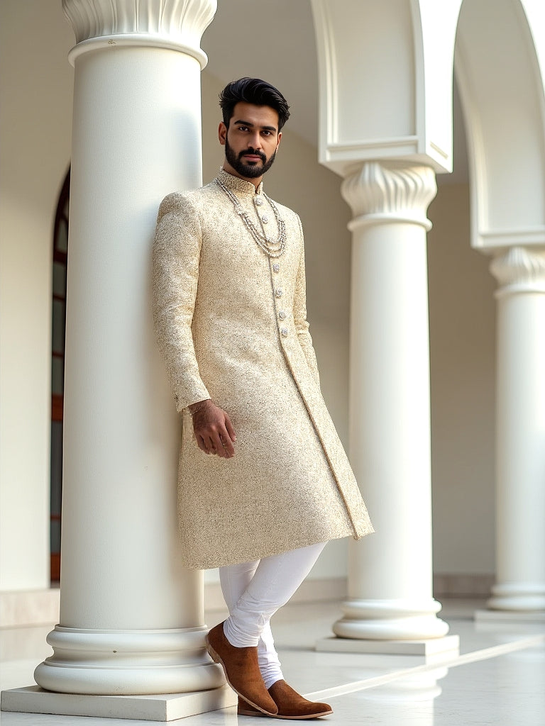 Gold All Over Rich Zardosi with Stones work Tussar Fabric Sherwani