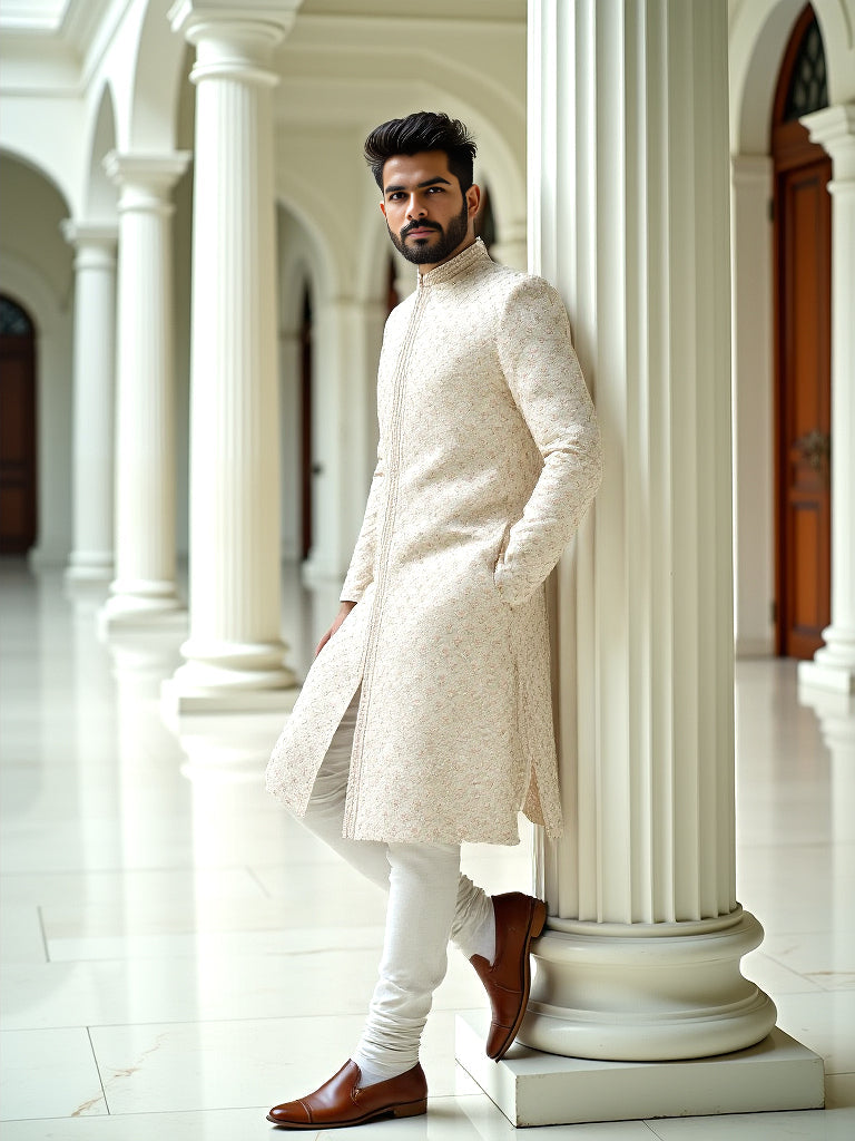 Cream Floral Multi Thread Embroidery with Stones work Milky Silk Sherwani