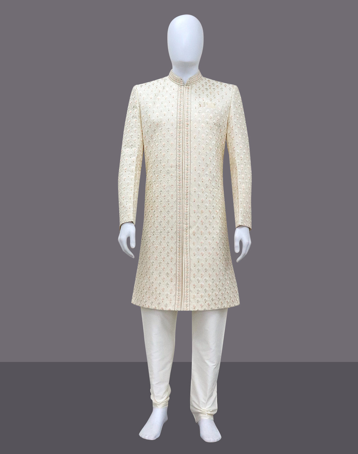 Cream Floral Multi Thread Embroidery with Stones work Milky Silk Sherwani