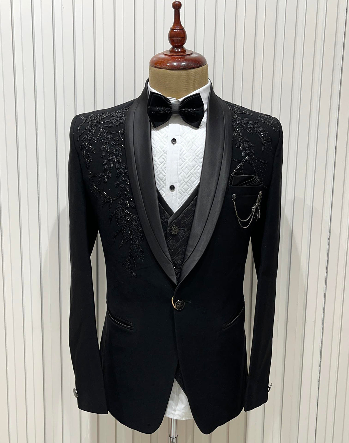 Black Polynosic Elegant Cutdana work 5 Pc Designer Suit