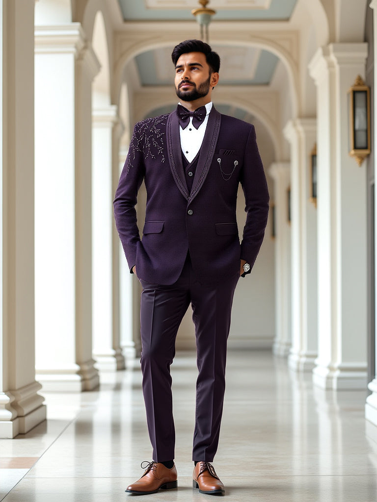 Solid Wine Polynosic Stones with Beads work Tuxido Suit