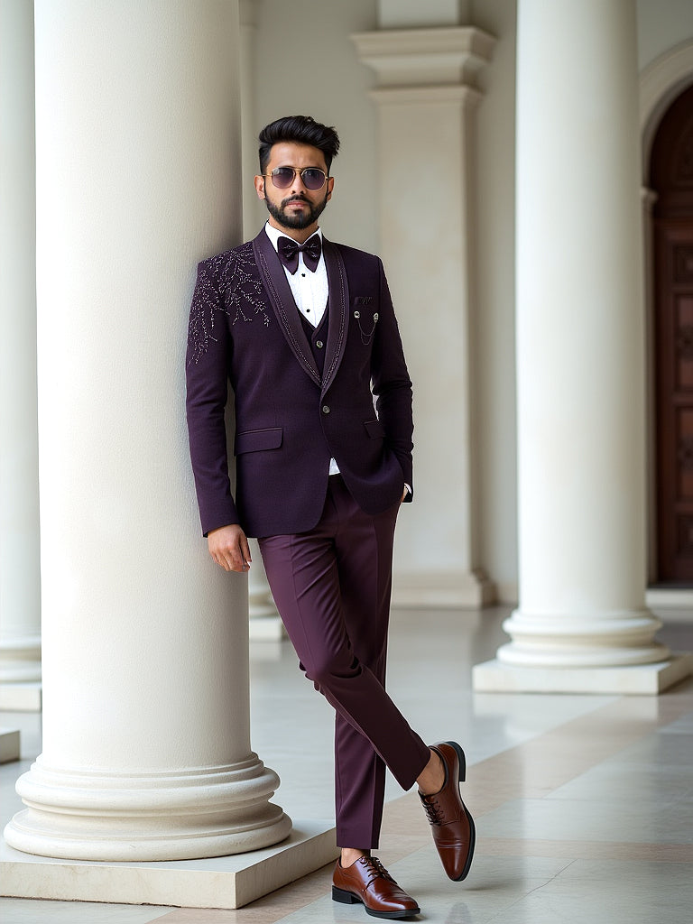 Solid Wine Polynosic Stones with Beads work Tuxido Suit