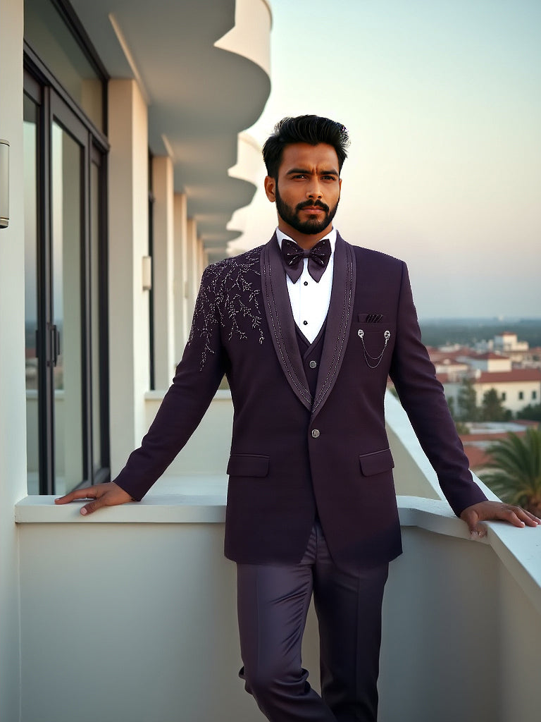 Solid Wine Polynosic Stones with Beads work Tuxido Suit