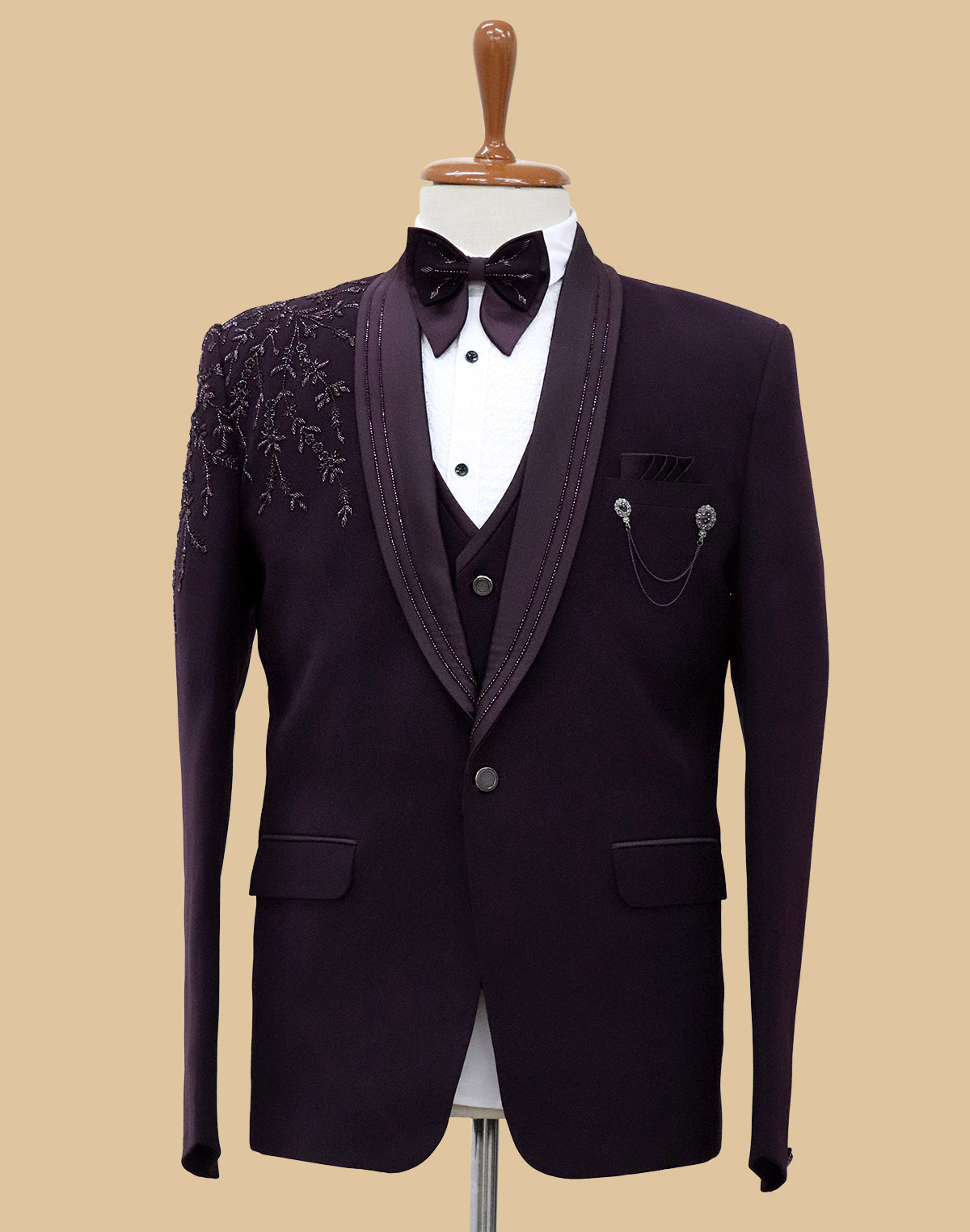 Solid Wine Polynosic Stones with Beads work Tuxido Suit