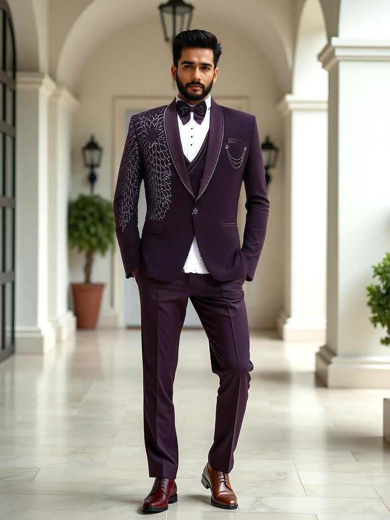 Wine Stunning Polynosic Cutdana Party Wear Tuxido Designer Suit